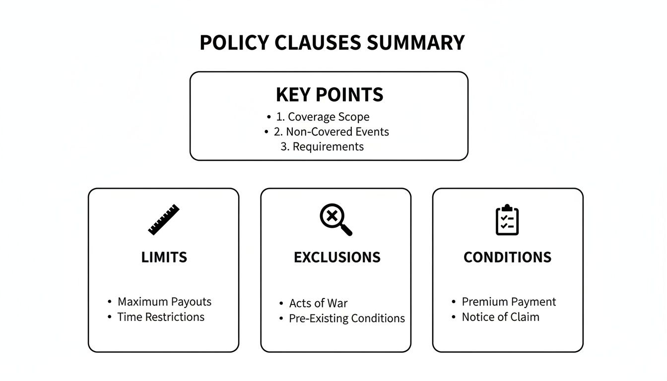 A policy clauses summary outlining key points, limits, exclusions, and conditions of an insurance policy.