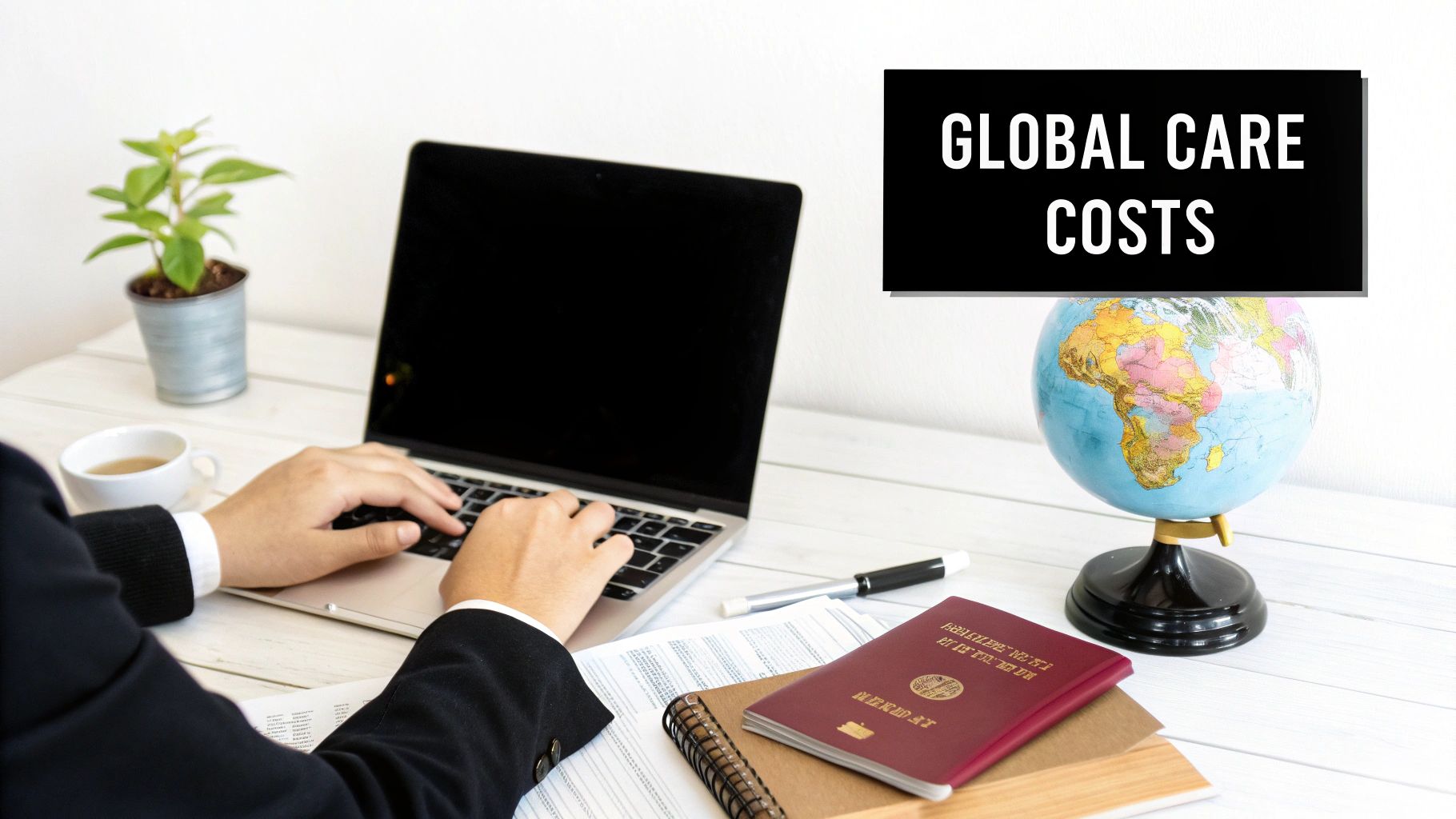 Professional working on laptop reviewing global care costs with passport and globe on desk