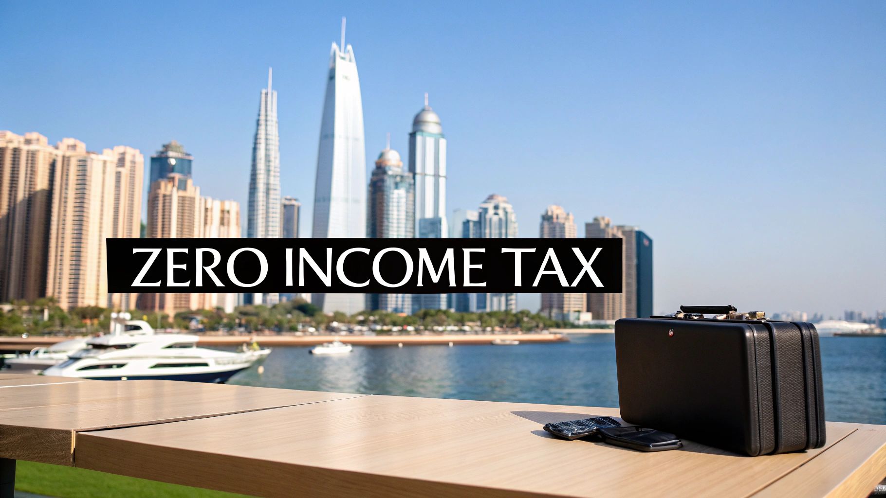 A vibrant city skyline with a yacht, briefcase, and a banner reading 'ZERO INCOME TAX'.