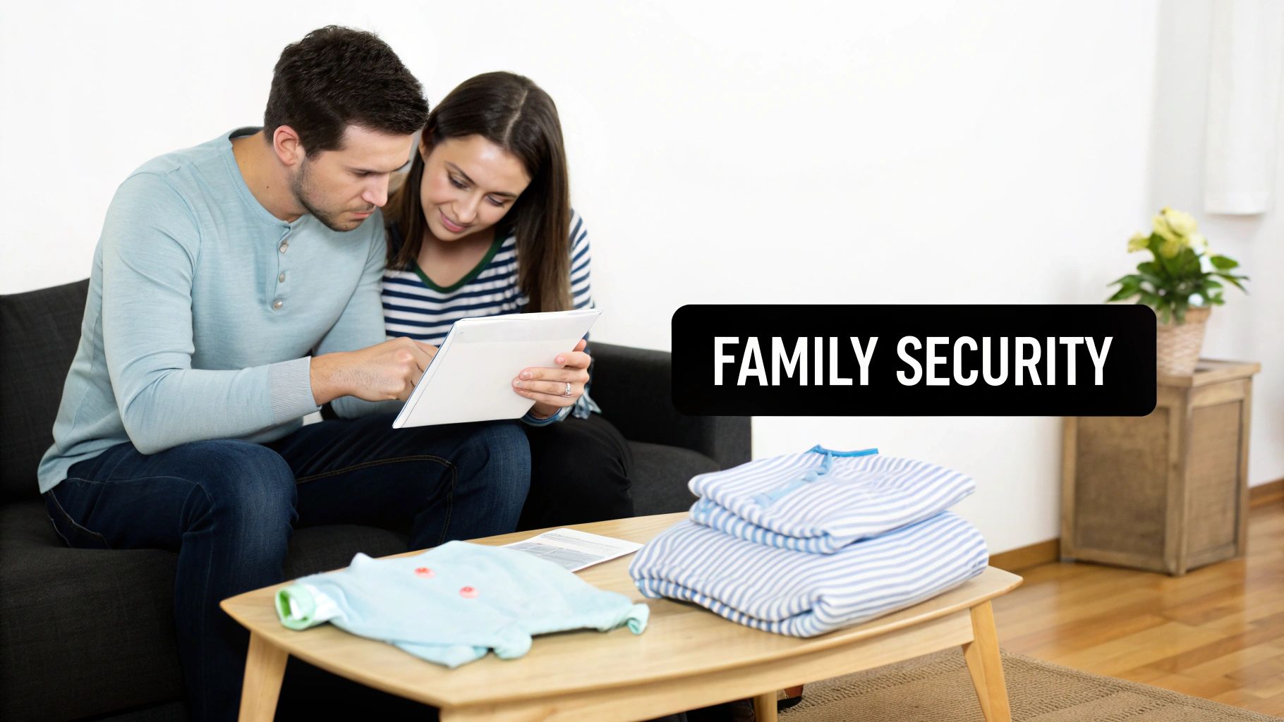 A pregnant woman holding her belly, looking thoughtful and secure.