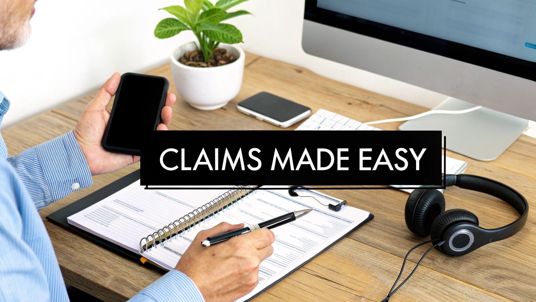 A person holding a smartphone and writing in a notebook at a desk with a computer and headphones, text reads "CLAIMS MADE EASY".