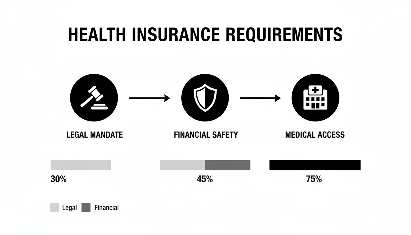 Infographic showing health insurance requirements progressing from legal mandate (30%) to financial safety (45%) and medical access (75%).
