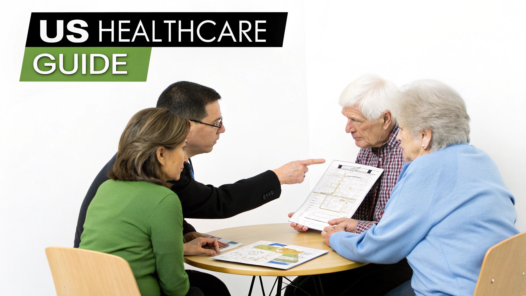 A professional guides an elderly couple through US healthcare documents, discussing health insurance.