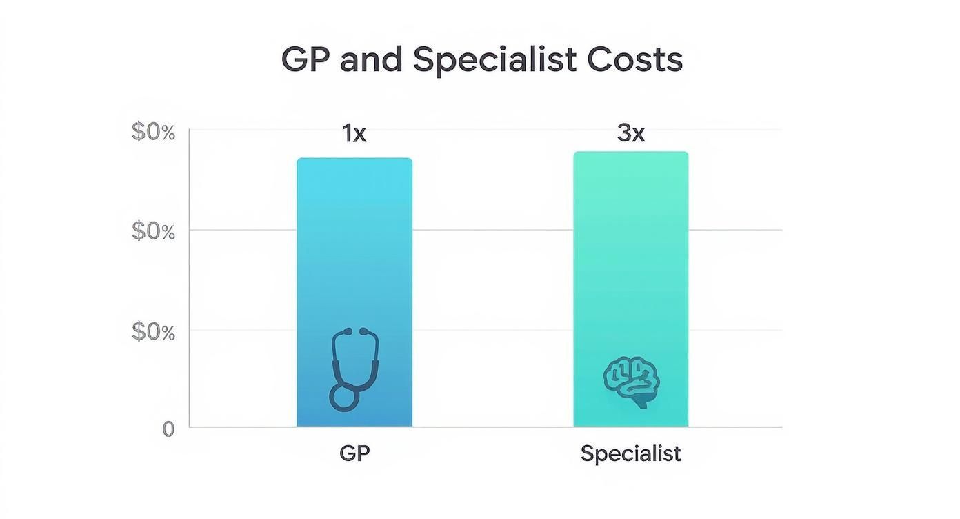 Bar chart comparing GP and specialist costs showing specialist visits cost three times more than GP visits
