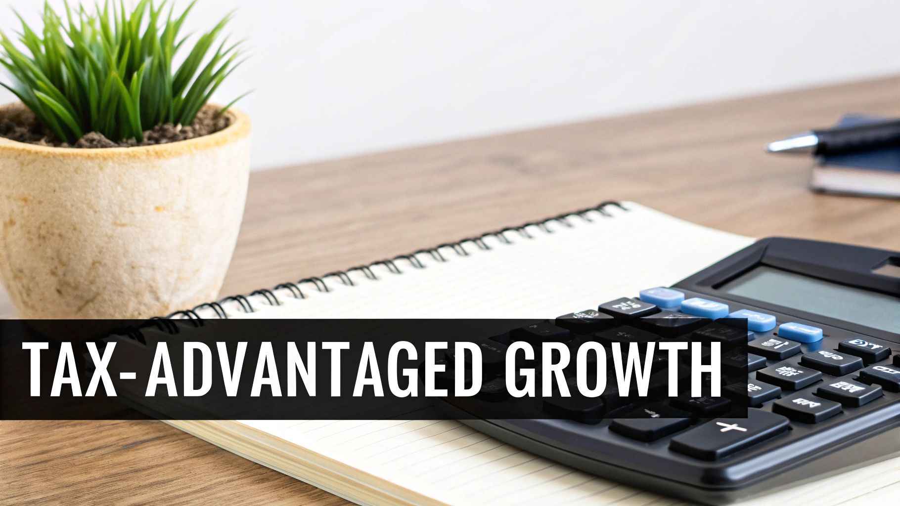 A calculator, notebook, and plant on a wooden desk with text overlay: TAX-ADVANTAGED GROWTH.
