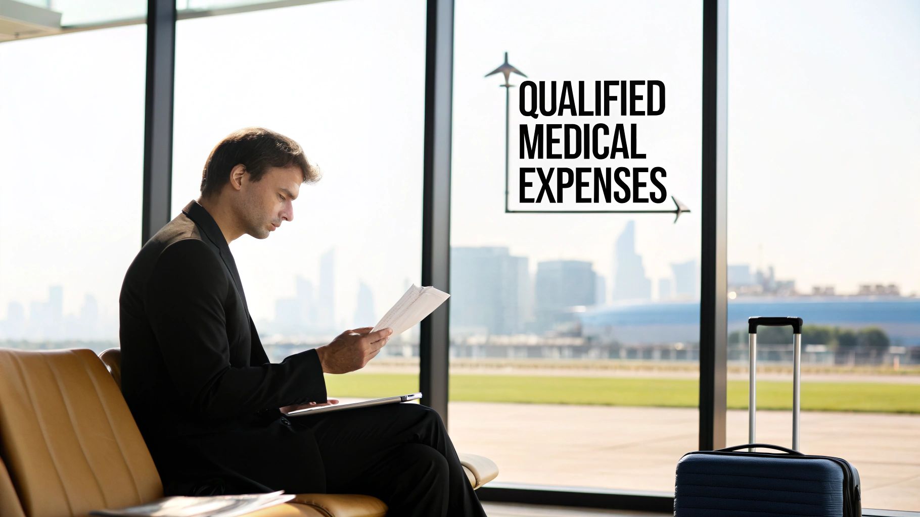 Businessman reads documents at an airport, next to luggage, with "QUALIFIED MEDICAL EXPENSES" text.