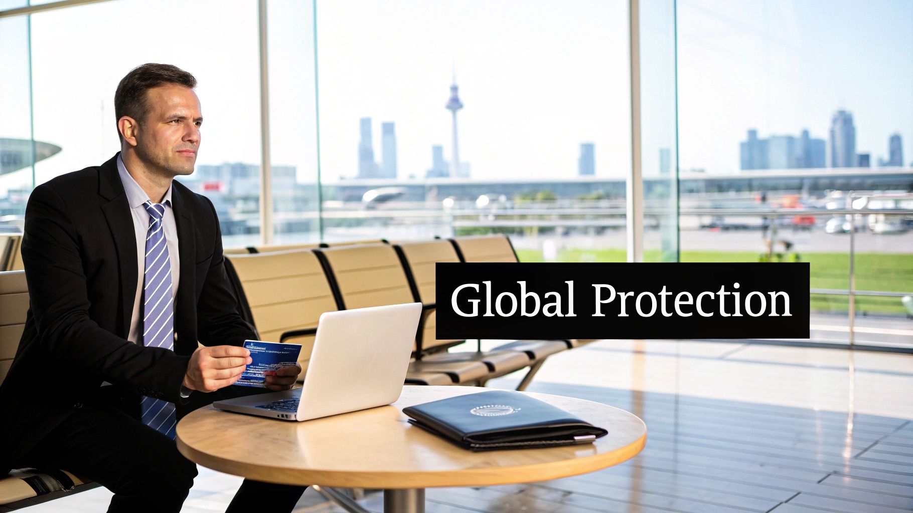 A businessman in a suit at an airport lounge, holding a card and using a laptop, with a 'Global Protection' overlay.