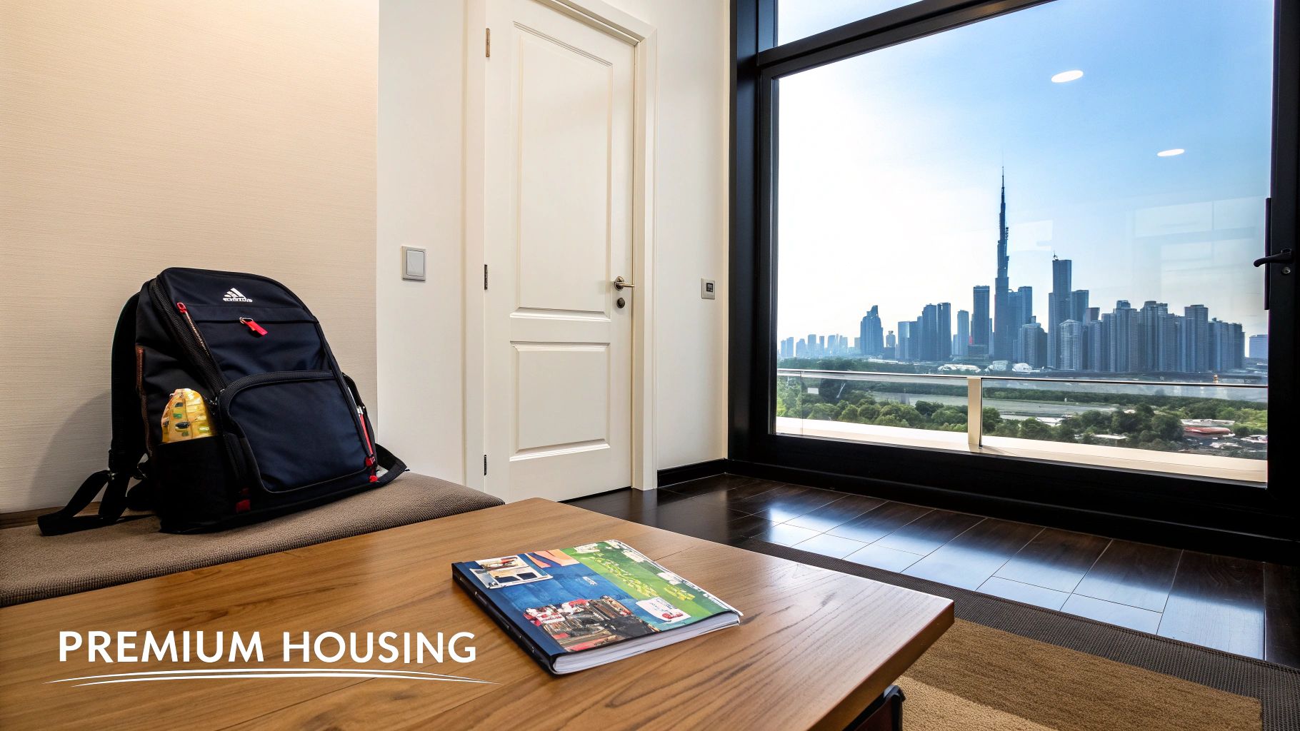 A modern apartment interior with a navy backpack, wooden table, and a large window showcasing a city skyline.