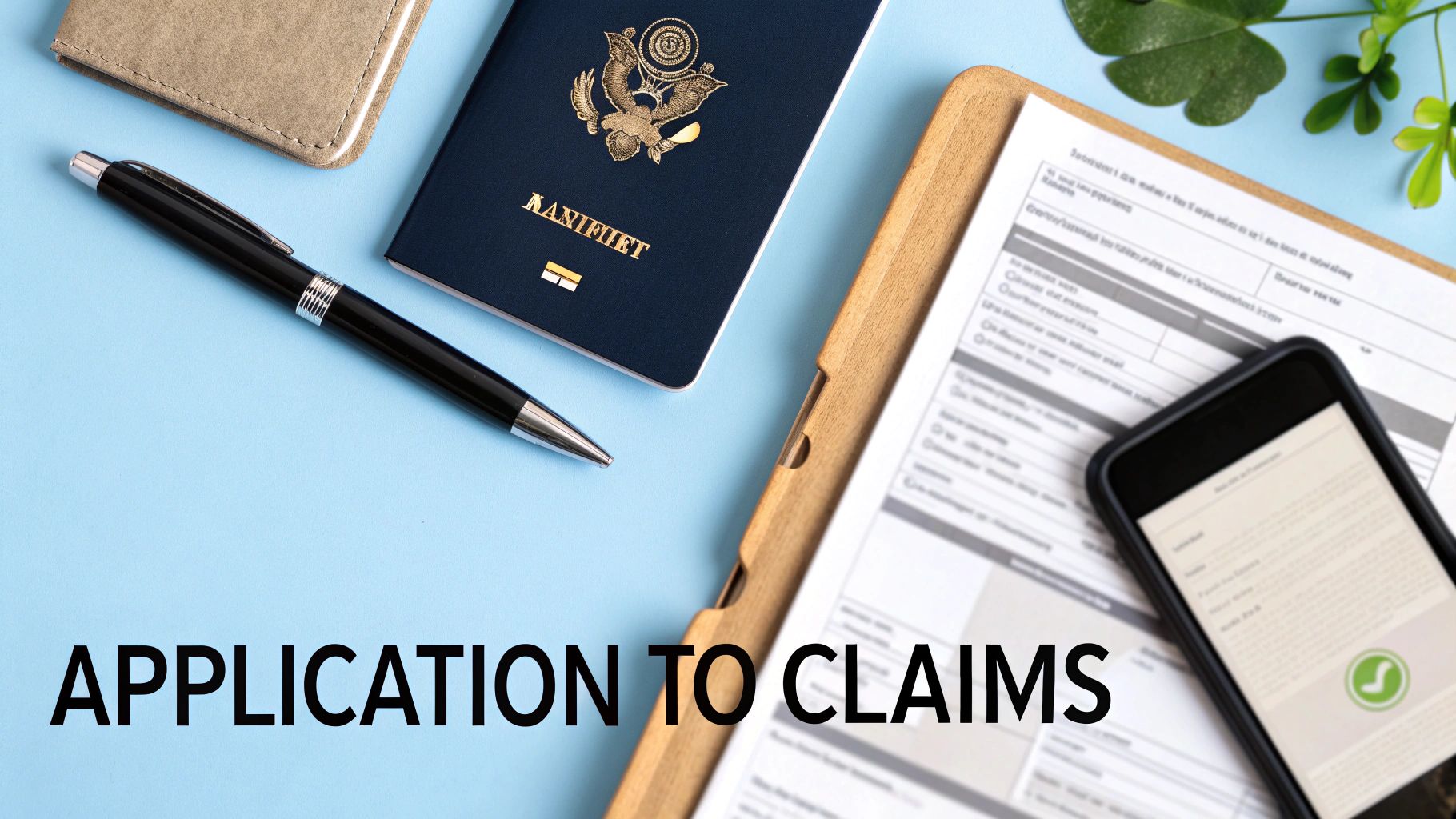 A flat lay image showing a passport, pen, document, and smartphone on a blue surface, with 'APPLICATION TO CLAIMS' text.