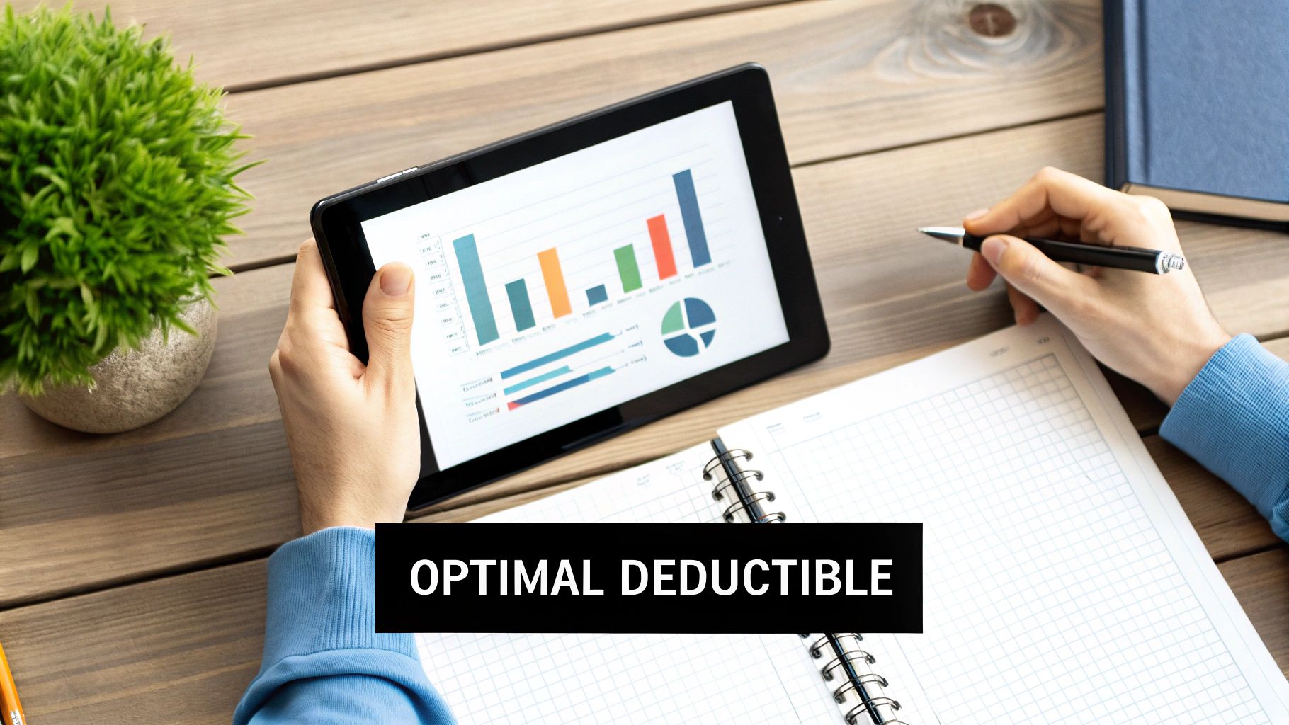 Person reviewing financial data with charts on a tablet, a notebook, and text 'OPTIMAL DEDUCTIBLE'.