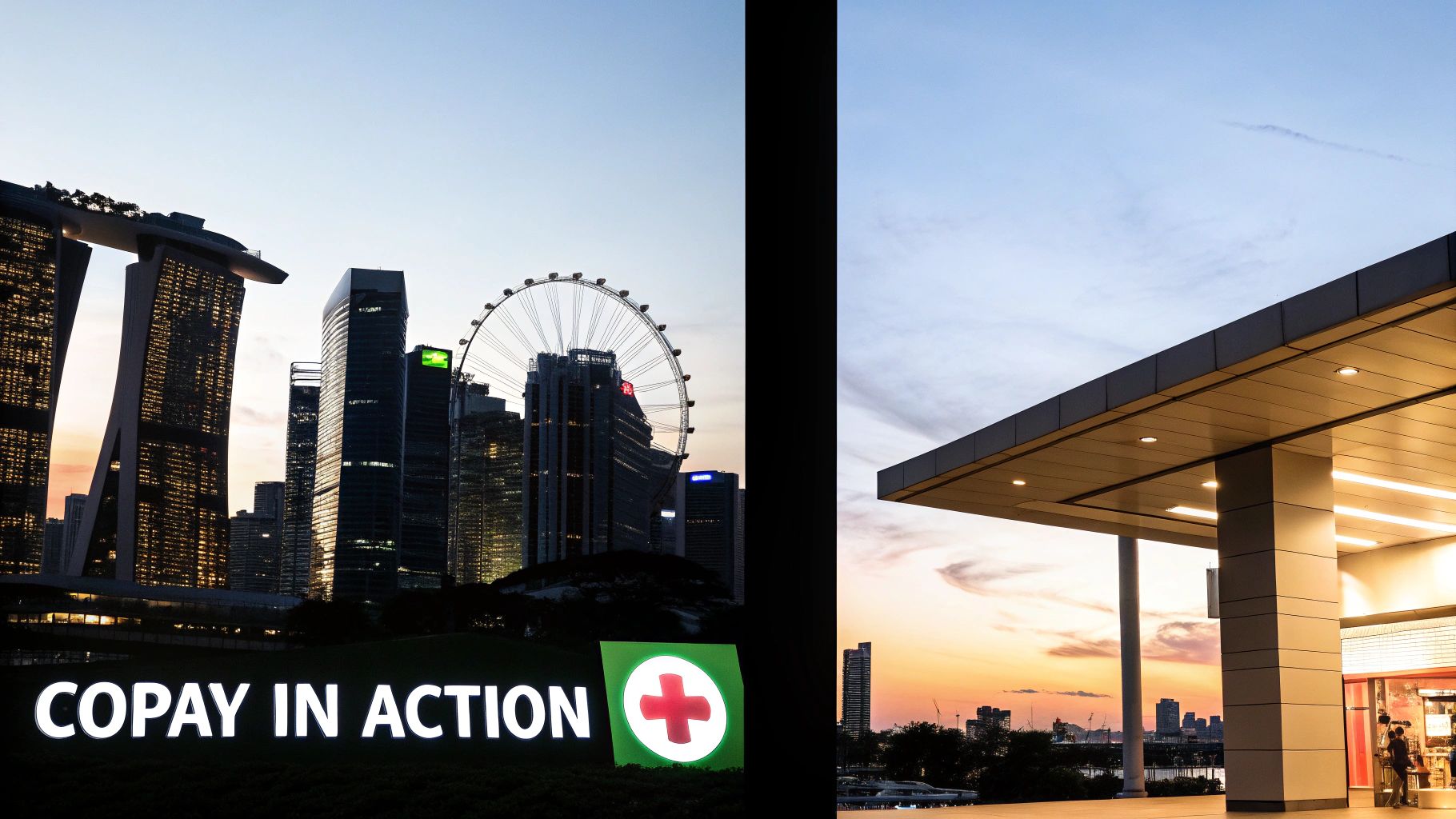 Split image of Singapore skyline at dusk with a 'COPAY IN ACTION' sign, and a modern building's illuminated entrance.