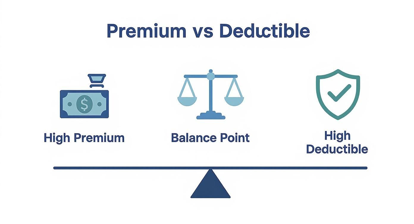 Infographic illustrating the inverse relationship between high insurance premiums and high deductibles using a balance scale.