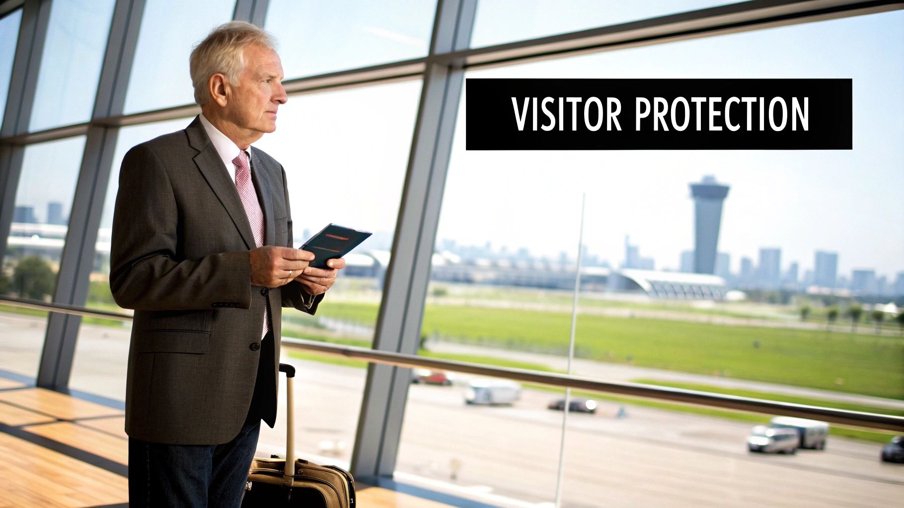 An older businessman holds documents, stands by his luggage, looking out an airport window with a cityscape and “VISITOR PROTECTION” text.
