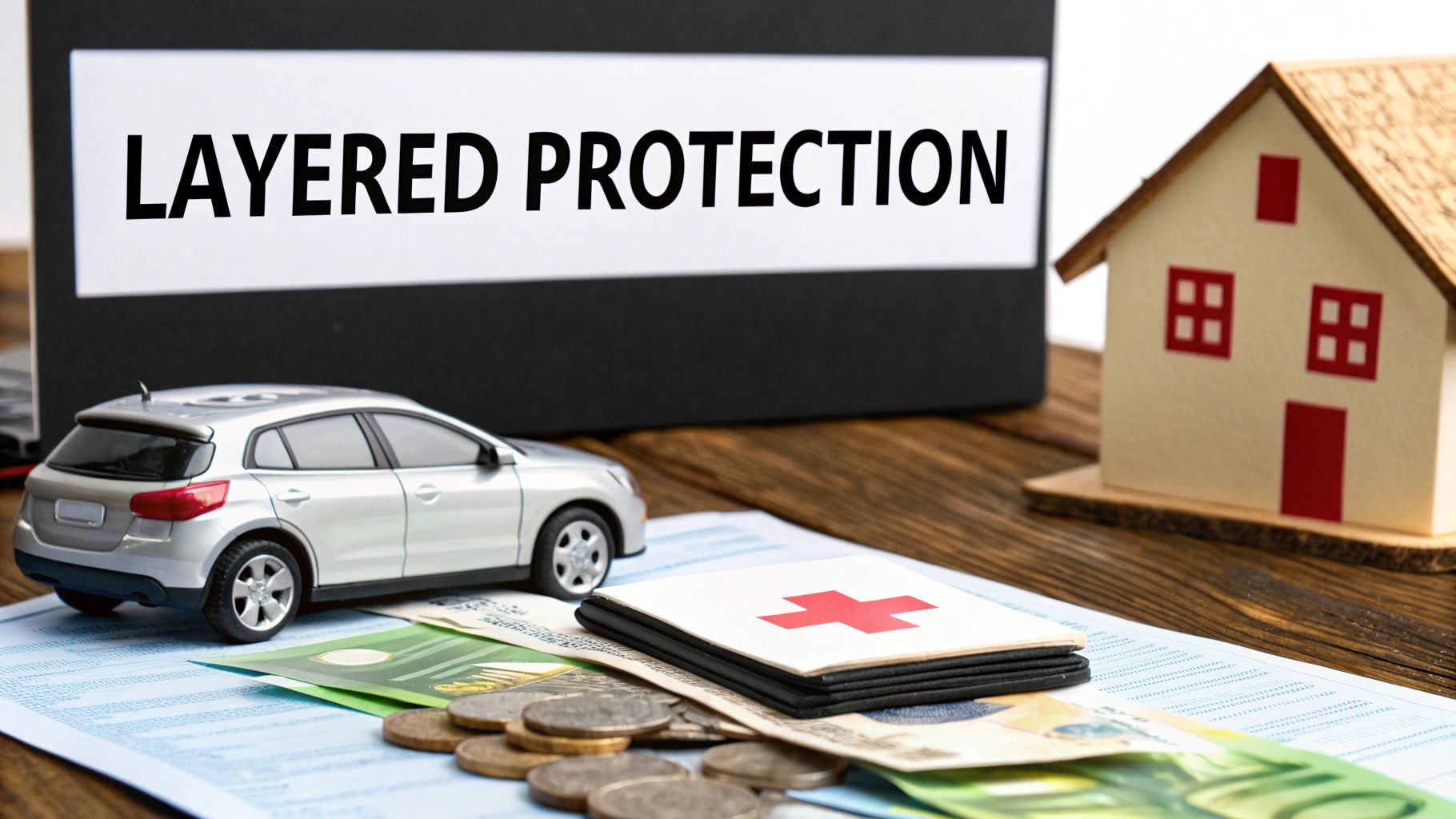 Two overlapping insurance documents on a modern desk