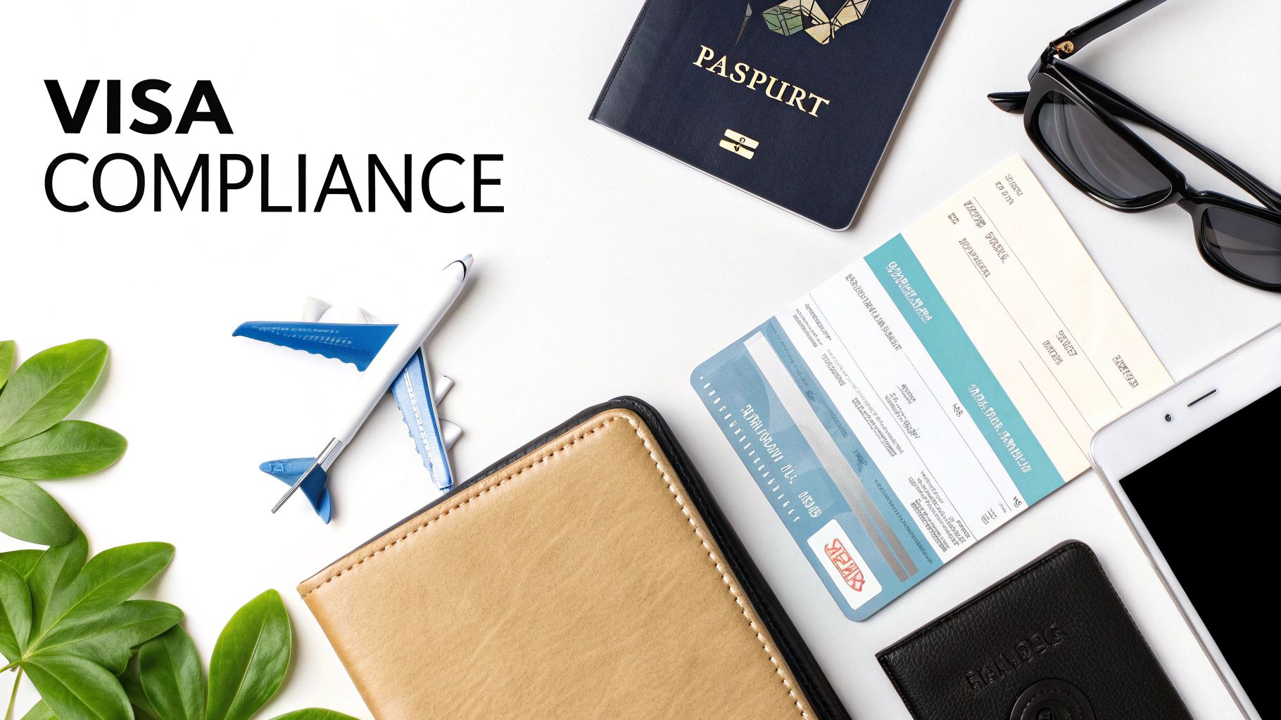 Flat lay of travel documents, a passport, airplane model, and sunglasses with 'VISA COMPLIANCE' text.