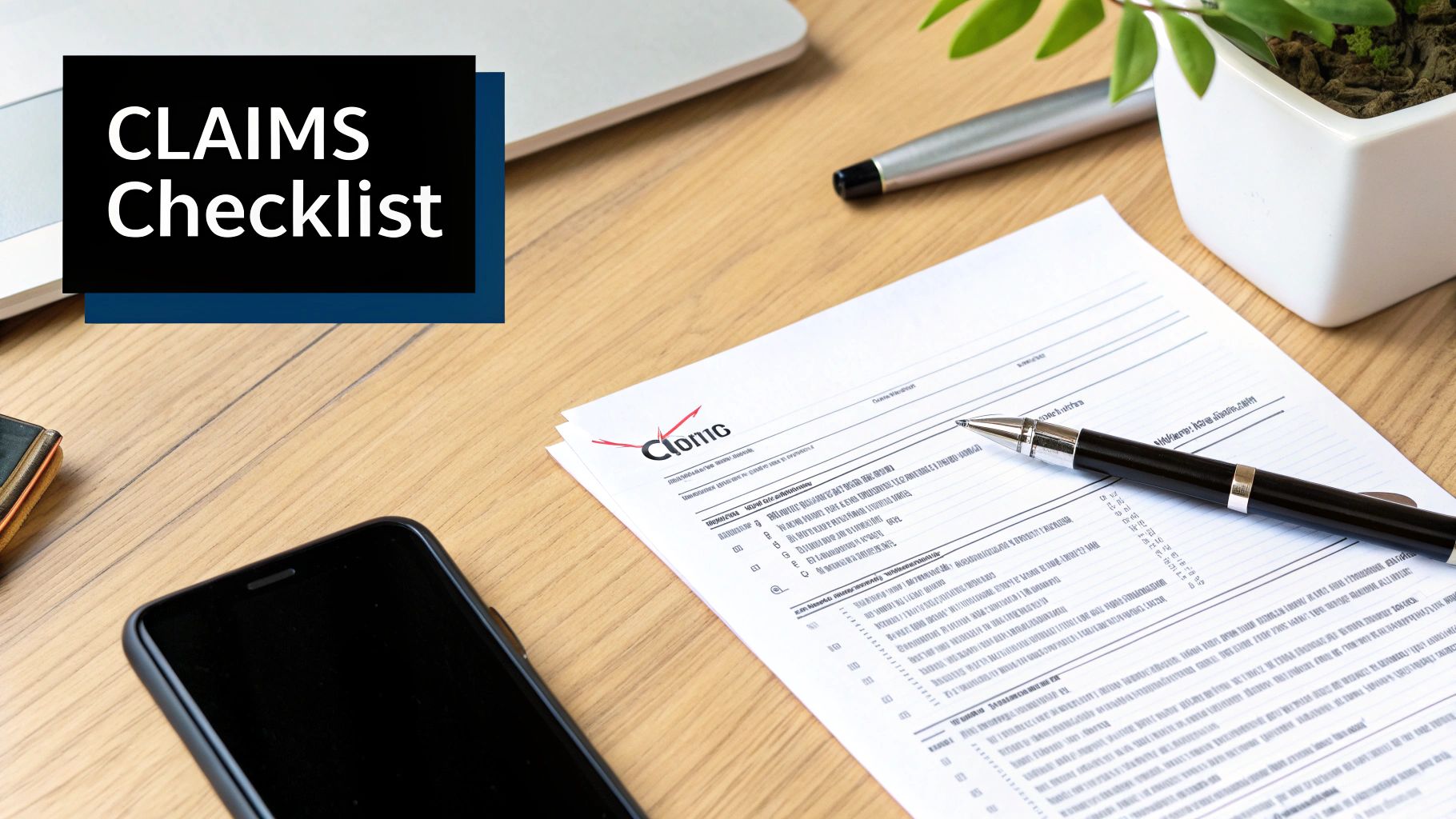A close-up shot of a desk with a 'CLAIMS Checklist' sign, claims form, pen, smartphone, and plant.