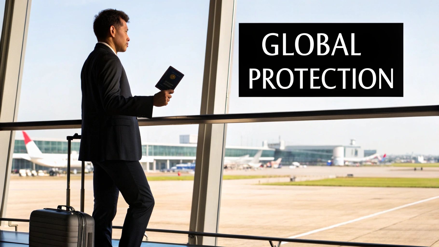 Businessman holding a passport and luggage at an airport, looking out at planes.