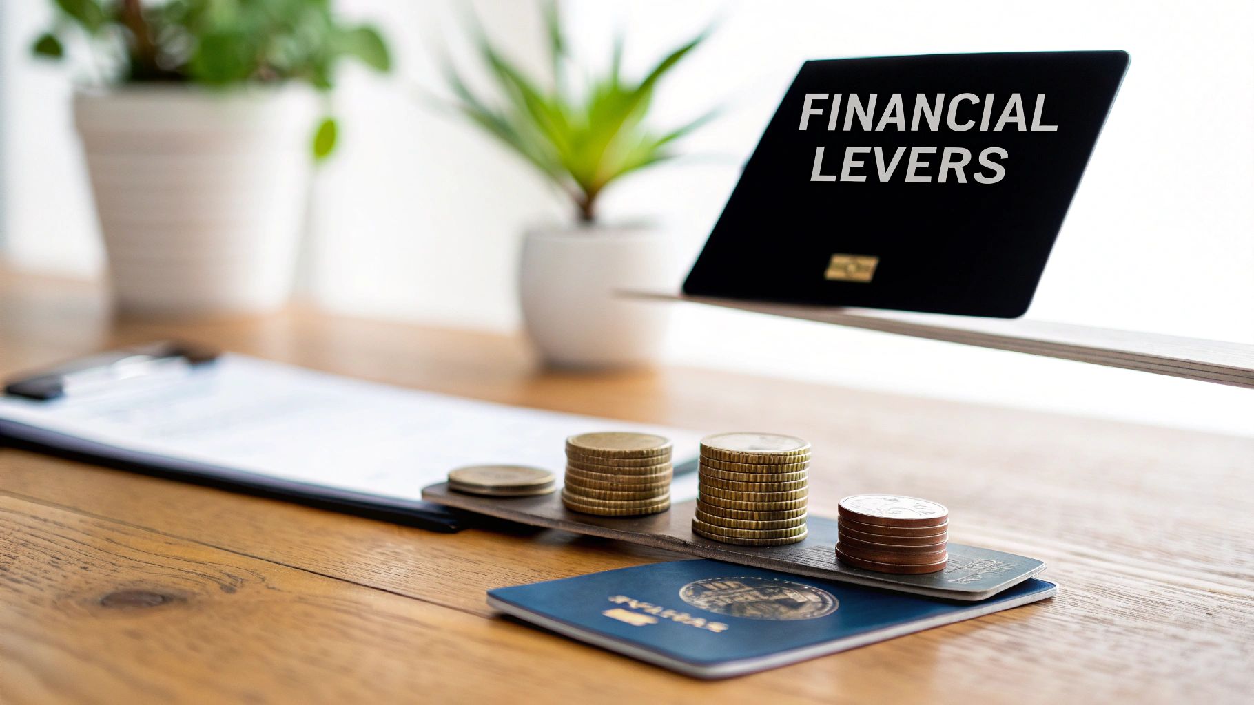A black card labeled 'FINANCIAL LEVERS' balances on a wooden beam with stacks of coins and passports.