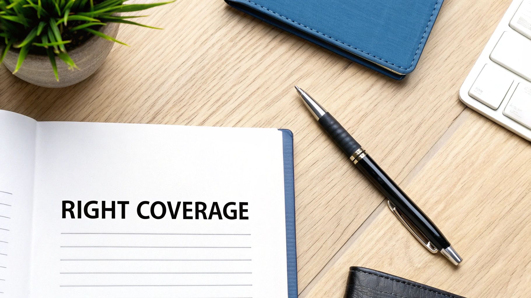 A flat lay image showing an open notebook with 'RIGHT COVERAGE' text, a pen, and a plant.