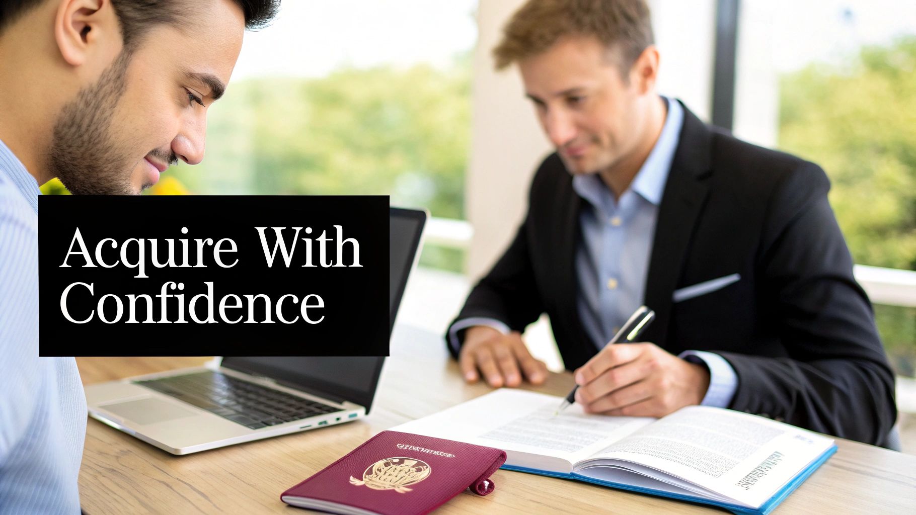Two professionals at a desk, one signing documents while another observes, with a laptop and passport.