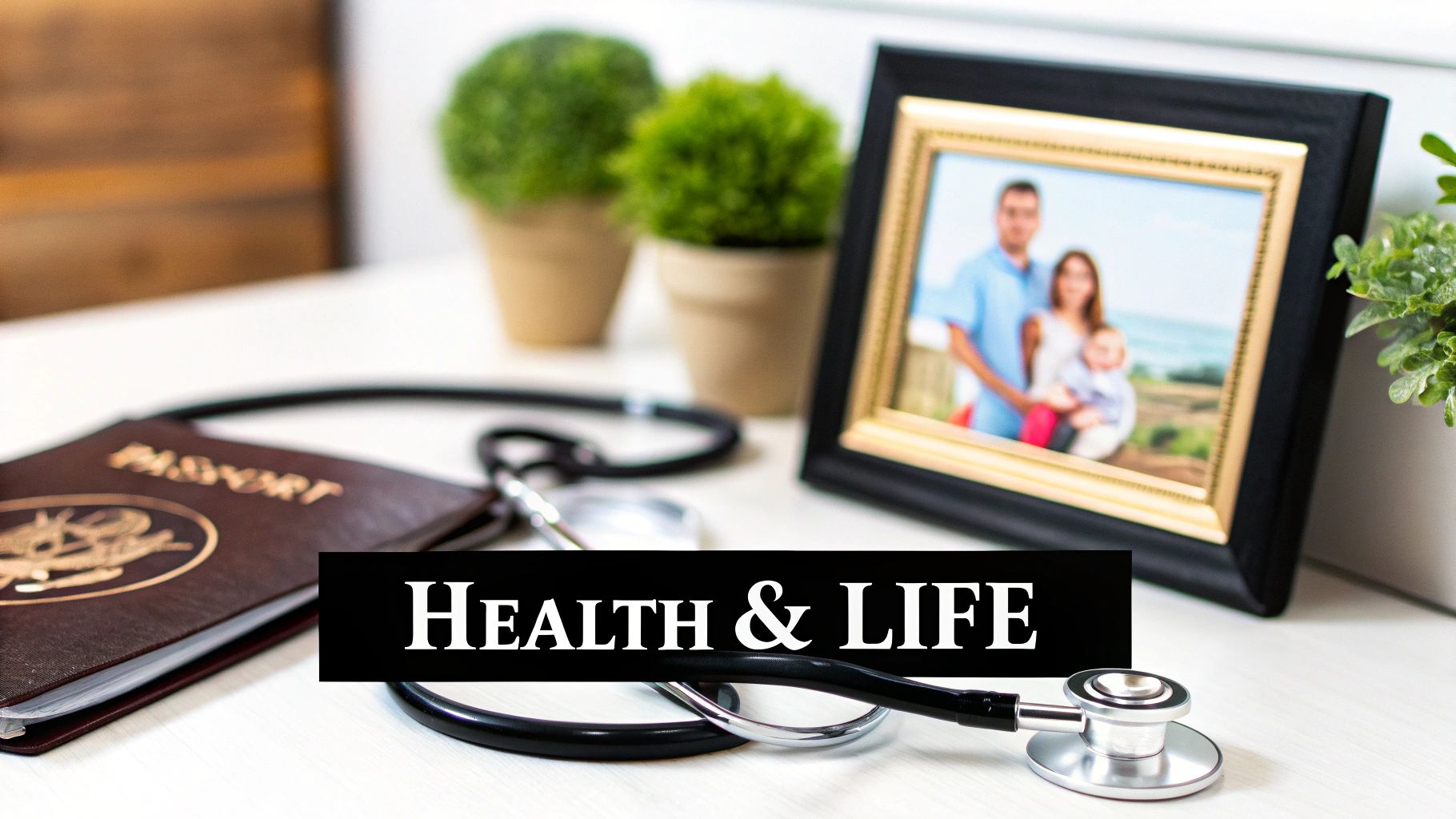 A stethoscope and passport lie next to a framed family photo, with "Health & Life" text overlay.