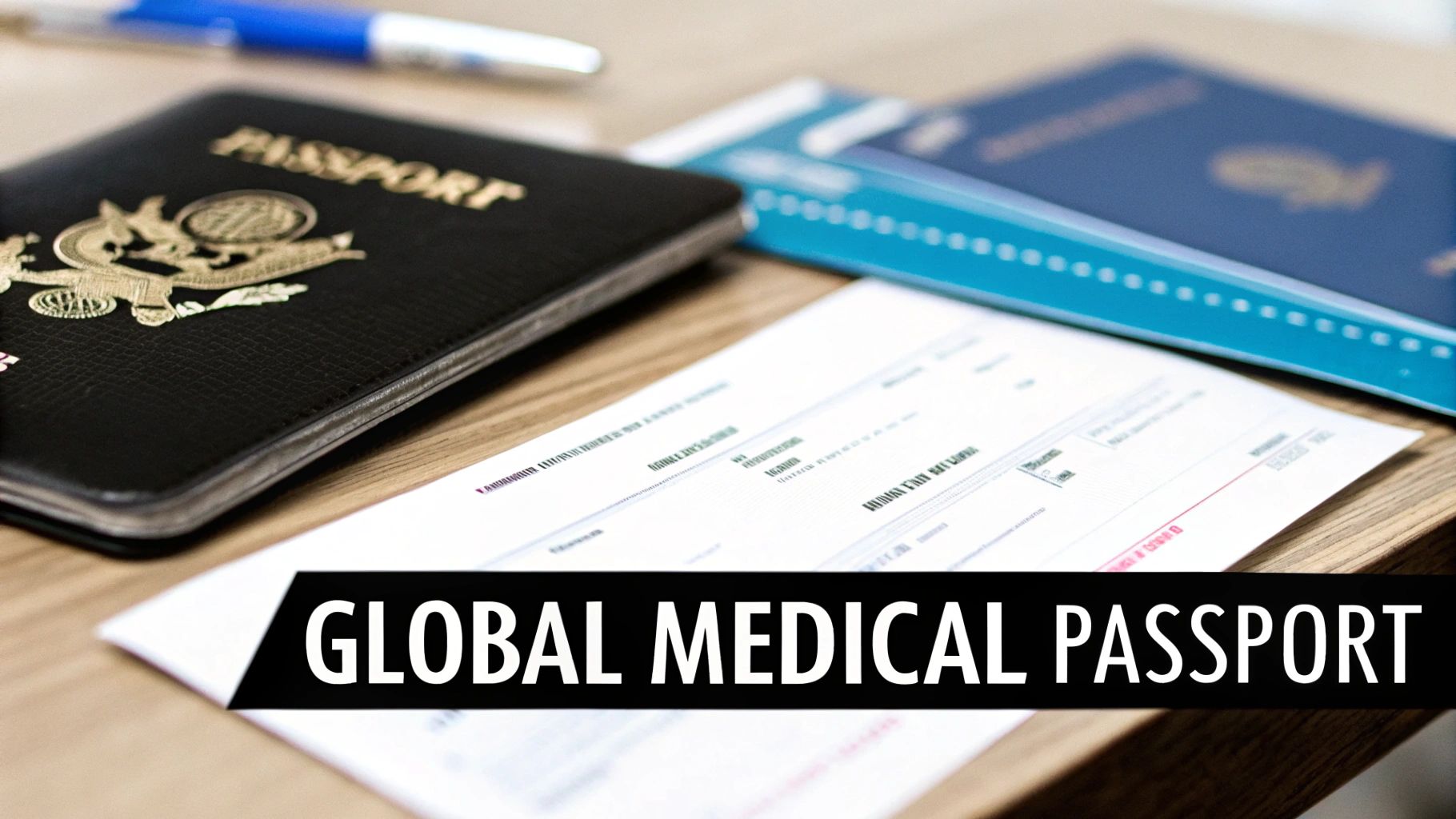 Travel documents, including a passport and other official papers, with a 'Global Medical Passport' banner.