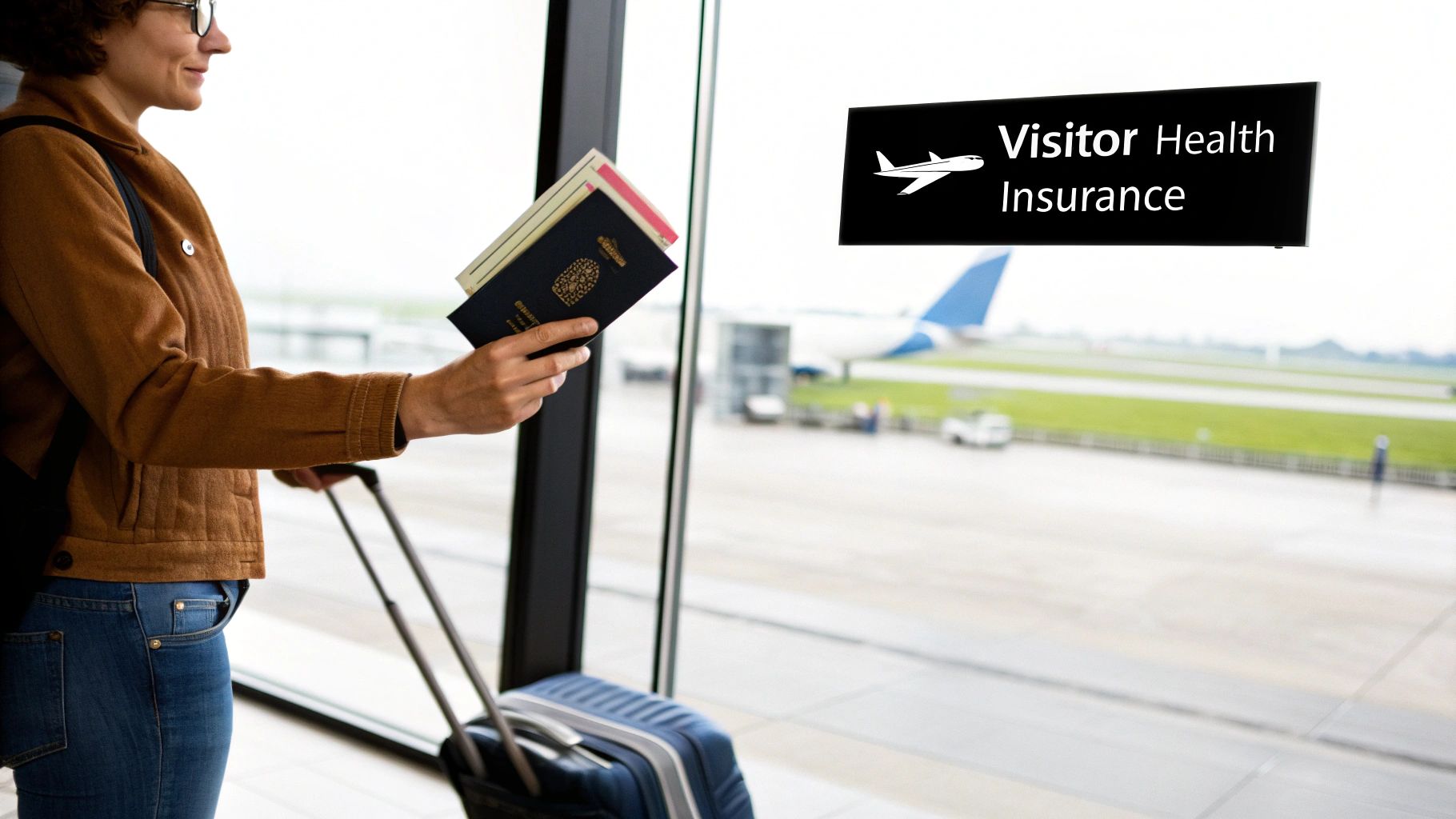 A person holds a passport and tickets at an airport with a 'Visitor Health Insurance' sign and an airplane visible.