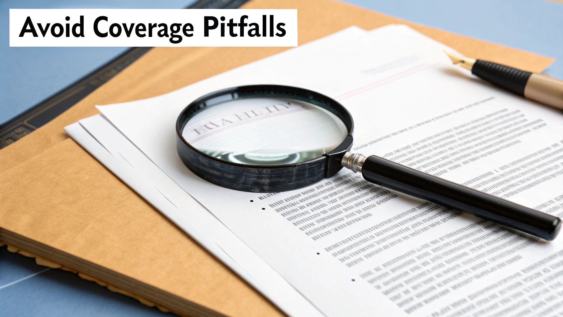 A magnifying glass and pen on insurance documents, emphasizing careful review for coverage pitfalls.