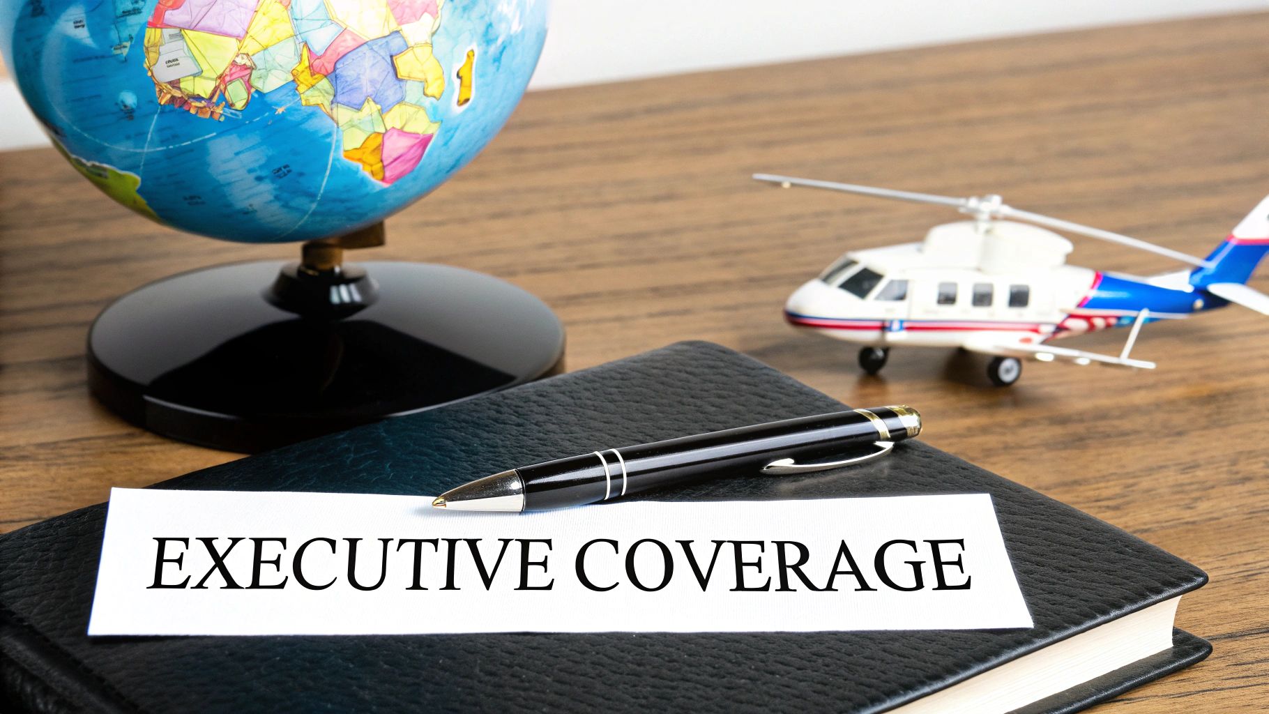 A globe, toy helicopter, pen, and notebook with 'EXECUTIVE COVERAGE' text on a wooden desk.