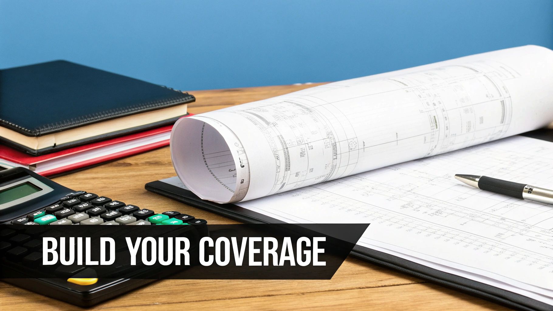 A desk with blueprints, a calculator, and notebooks, with text "BUILD YOUR COVERAGE" for insurance planning.