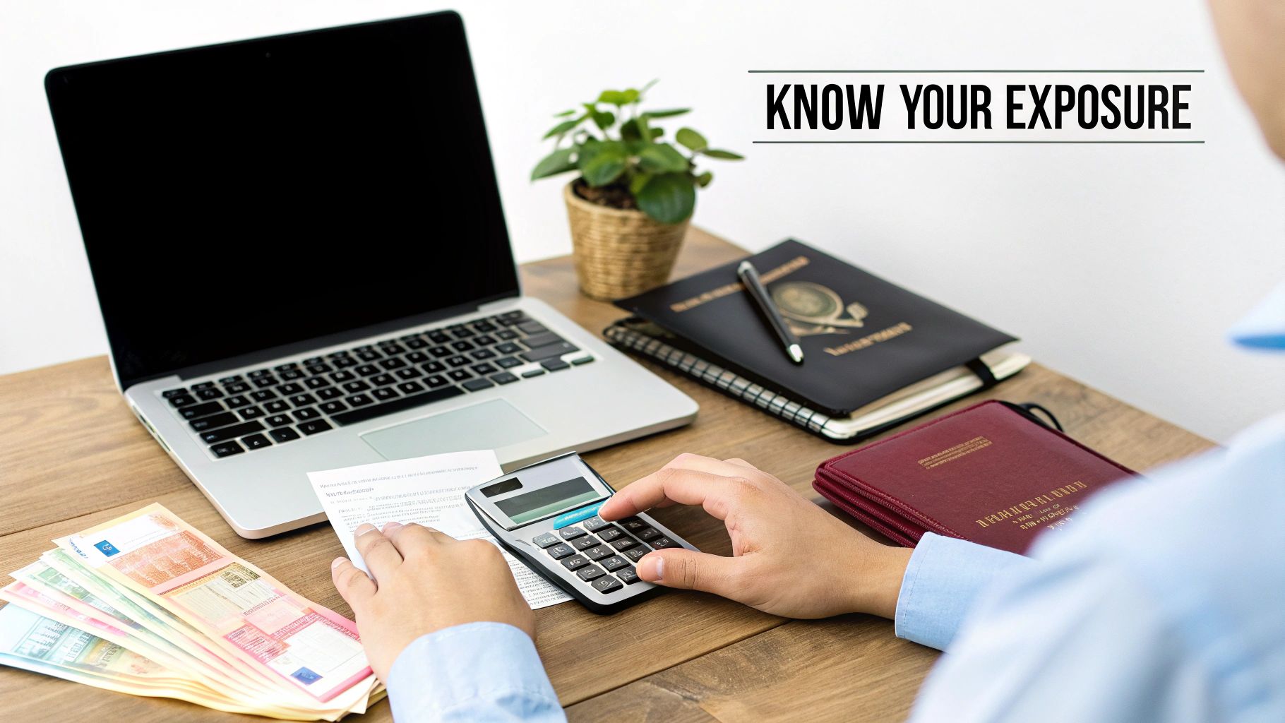 Hands using a calculator on a desk with a laptop, euro banknotes, and documents, emphasizing financial exposure.