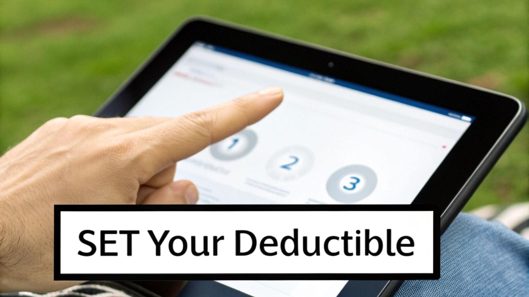 A person's hand tapping a tablet screen displaying steps and the text 'SET Your Deductible'.