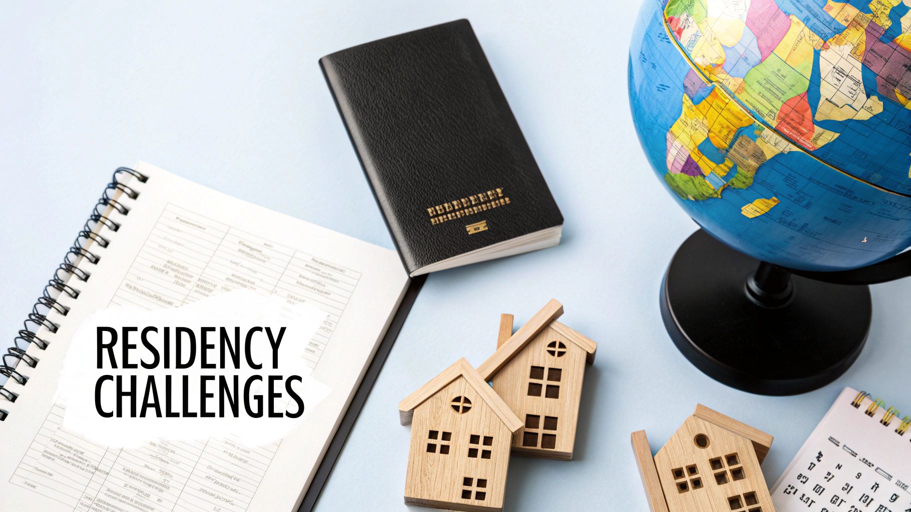 A passport, globe, wooden houses, and a notebook with 'Residency Challenges' text, symbolizing global residency issues.