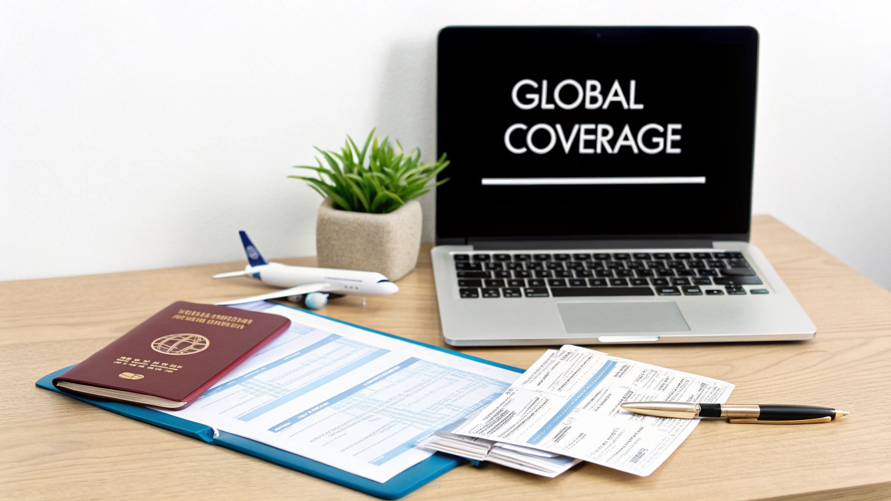 Laptop displaying global coverage text with passport, travel documents, and model airplane on desk