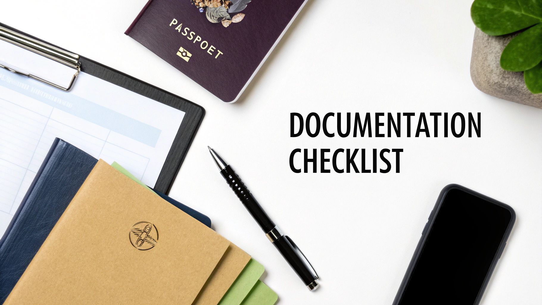 Flat lay of a documentation checklist, passport, notebooks, pen, phone, and plant on a white desk.