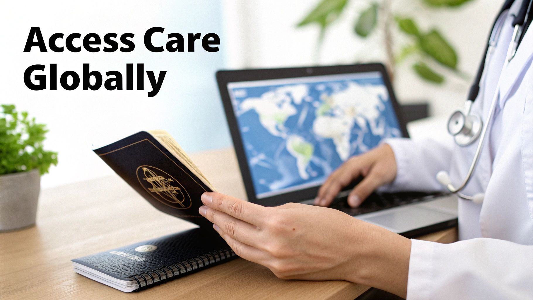 Healthcare professional holding passport while using laptop displaying world map for global medical access