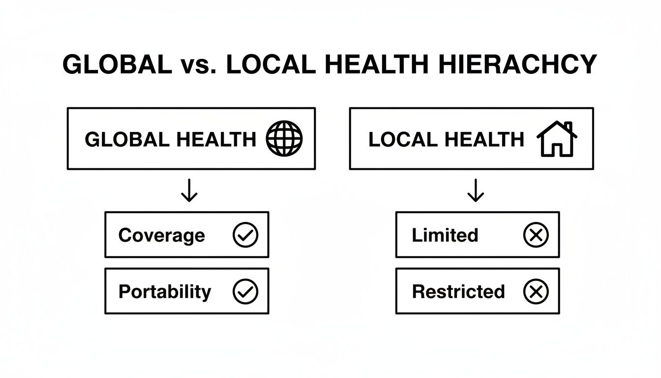 Diagram comparing global health benefits like coverage and portability with local health limitations and restrictions.