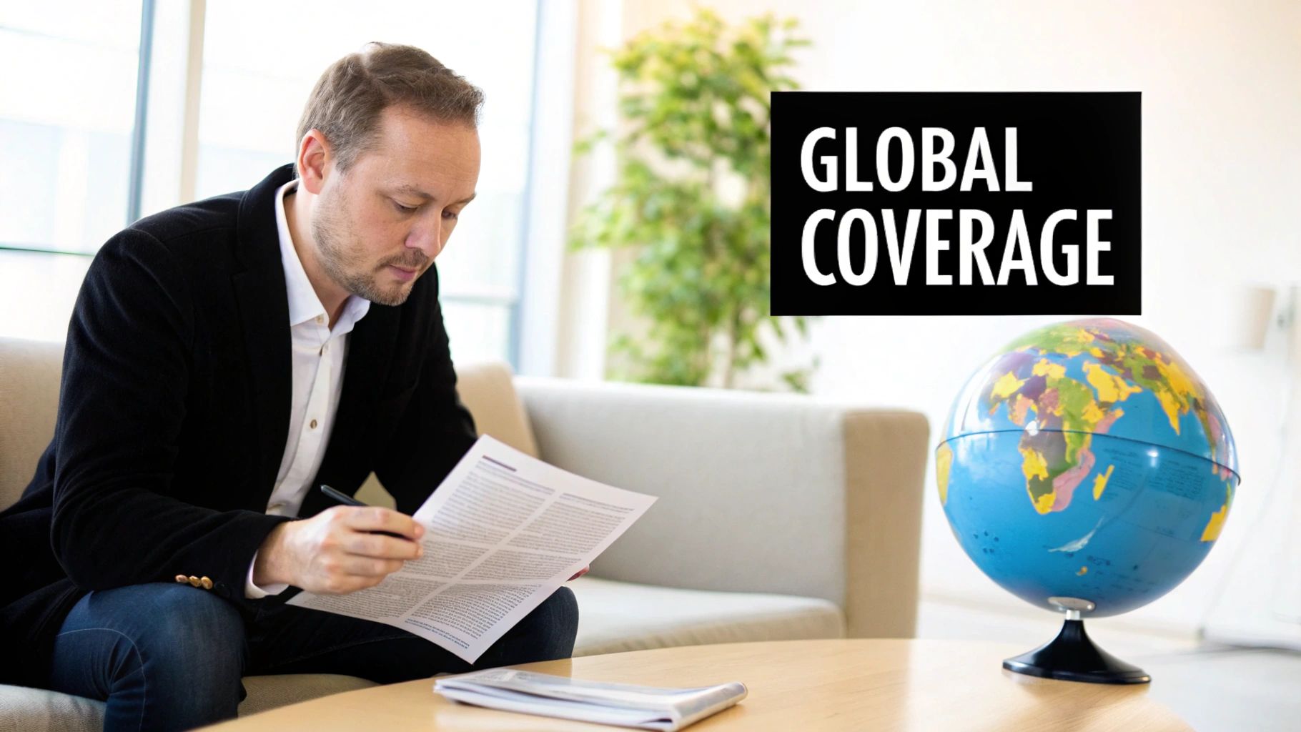 A man in a black jacket reads documents on a couch, with a globe and "GLOBAL COVERAGE" text in the background.