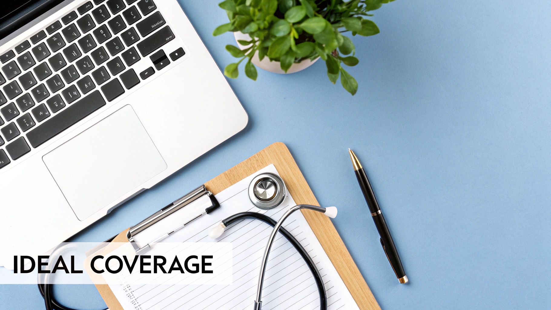 Overhead view of a desk with a laptop, stethoscope, clipboard, pen, and plant, symbolizing health insurance.