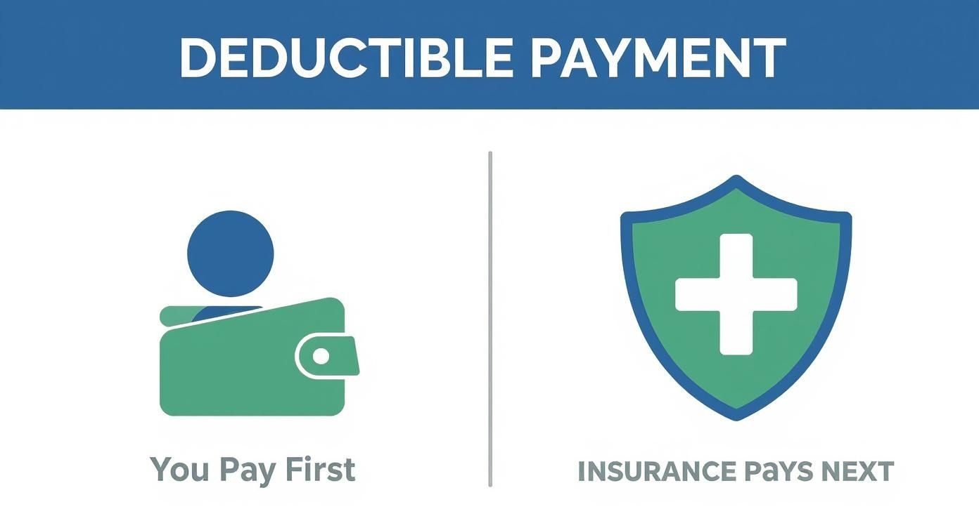 Illustration explaining deductible payments: You pay first with a wallet, then insurance pays next with a medical shield.