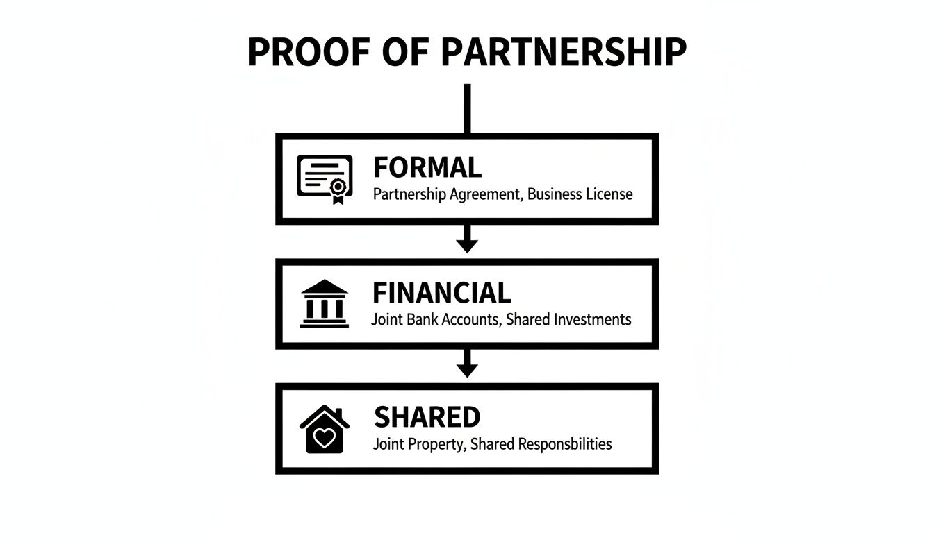 Flowchart illustrating proof of partnership through formal, financial, and shared aspects with examples.