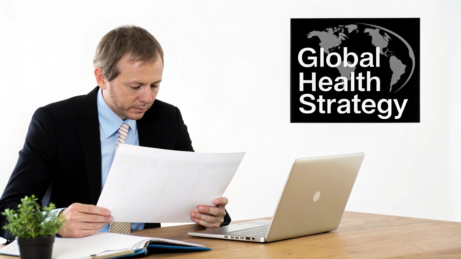 A man in a suit reads documents at a desk with a laptop, a plant, and a 'Global Health Strategy' sign.