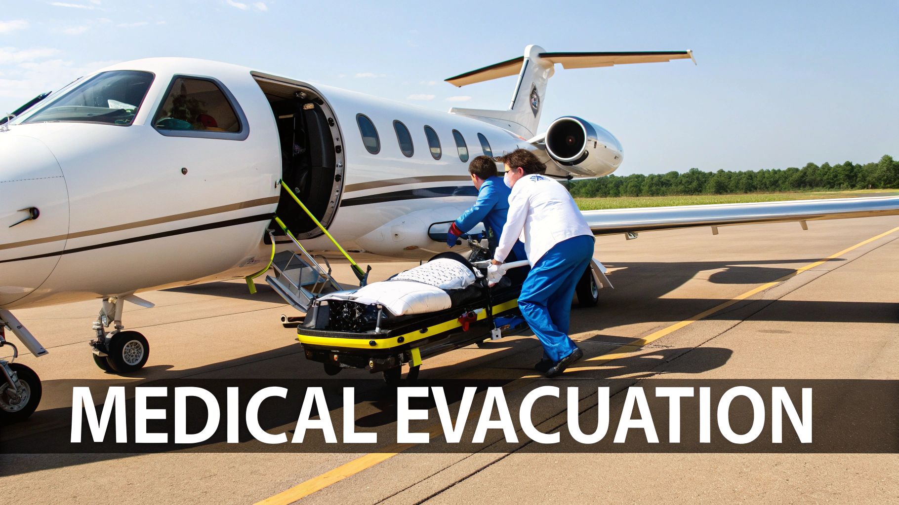Two medical professionals load a patient on a stretcher into a private jet for air medical transport.