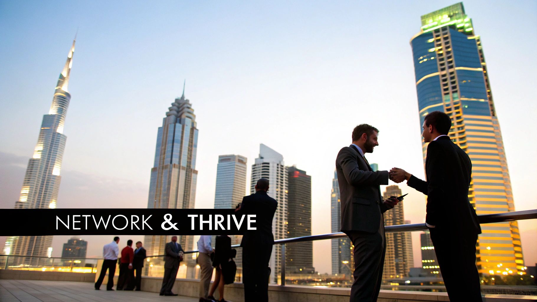 A group of professionals networking at a sophisticated rooftop bar in Dubai.