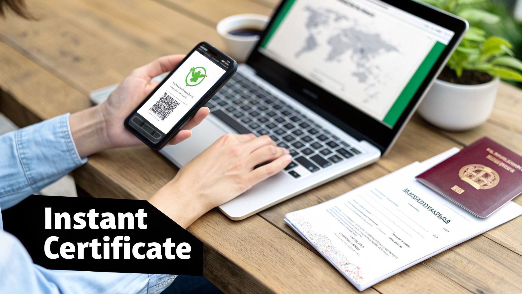 Traveler completing an online insurance application on a laptop in a modern setting