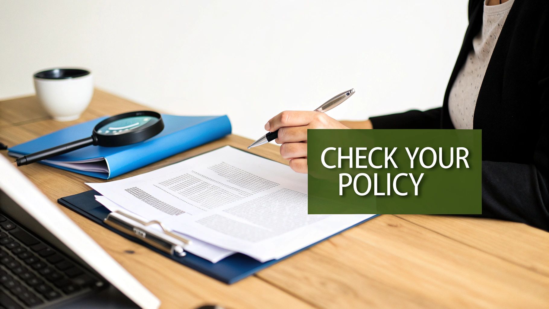 A person carefully reviewing an insurance policy document with a pen.