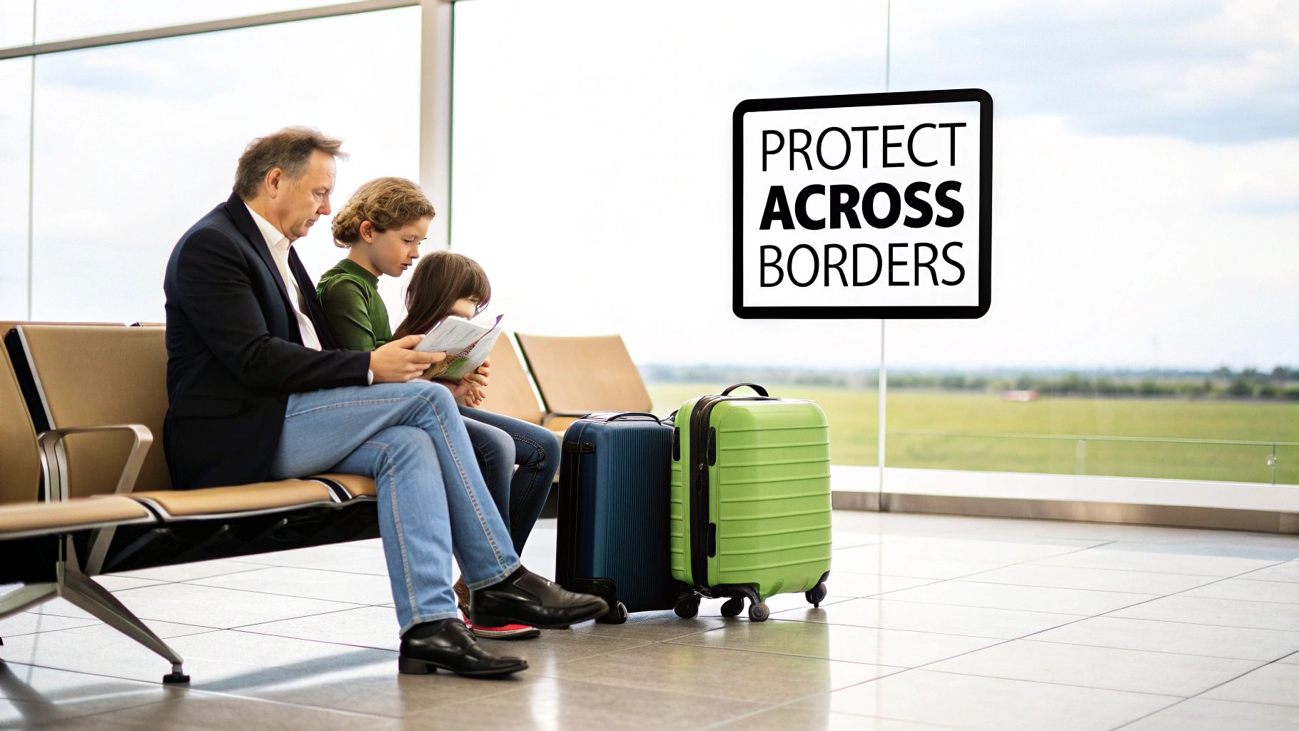 A family with a man and two children wait at an airport, reading, next to suitcases. A 'PROTECT ACROSS BORDERS' sign is visible.