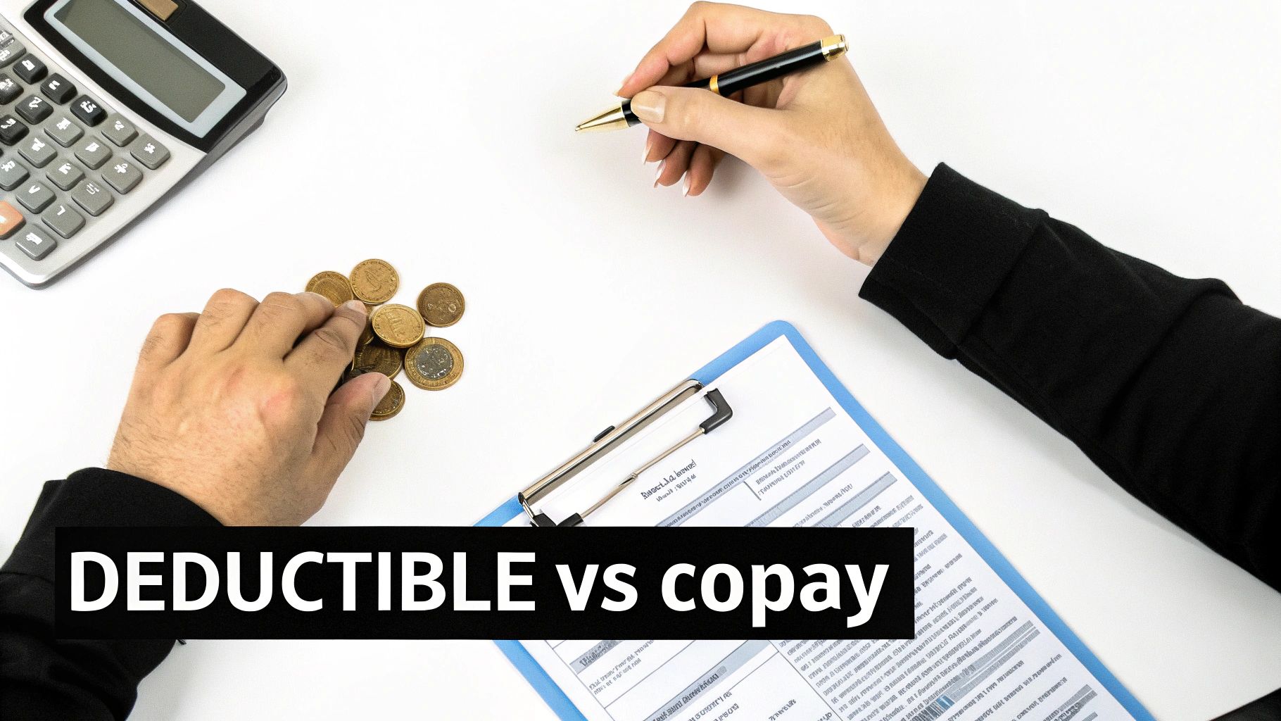 Hands counting coins next to a calculator and a document, illustrating deductibles vs copays.