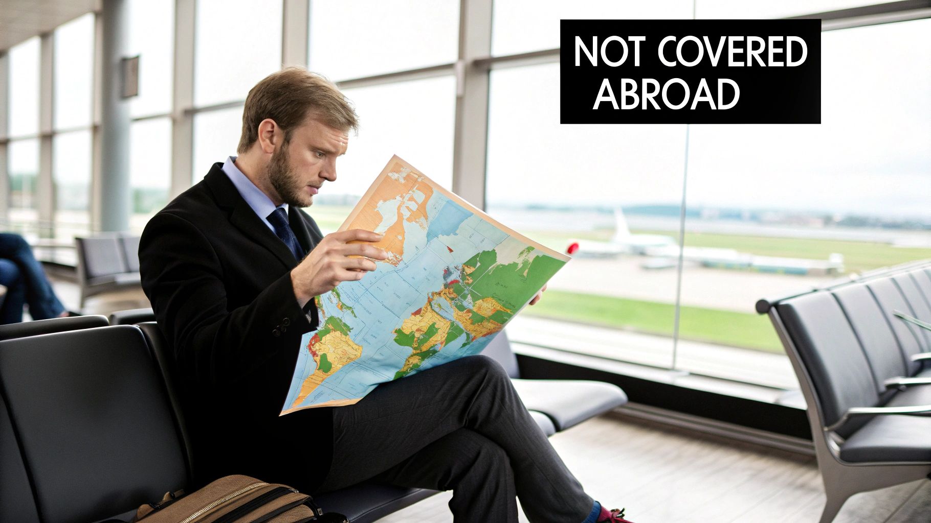 A woman confidently reviewing her international travel documents in an airport lounge.