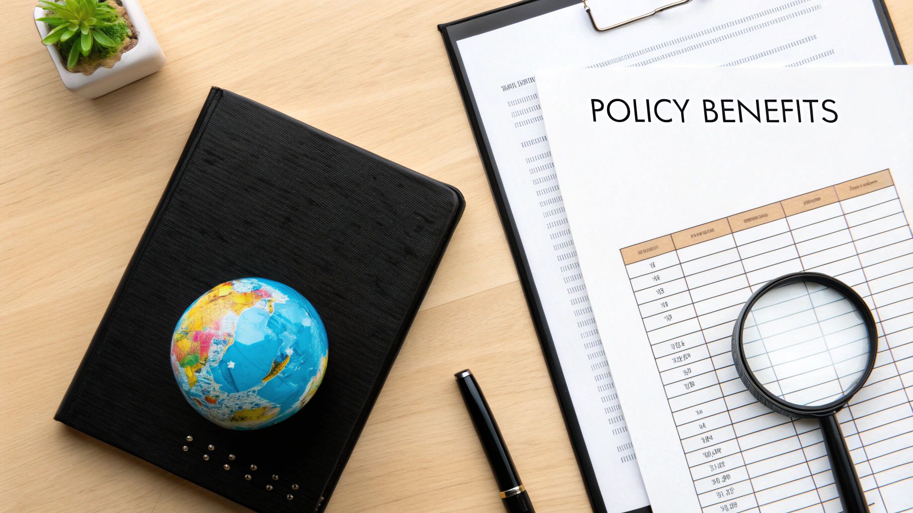 A policy benefits document, magnifying glass, globe, and notebook on a wooden desk.